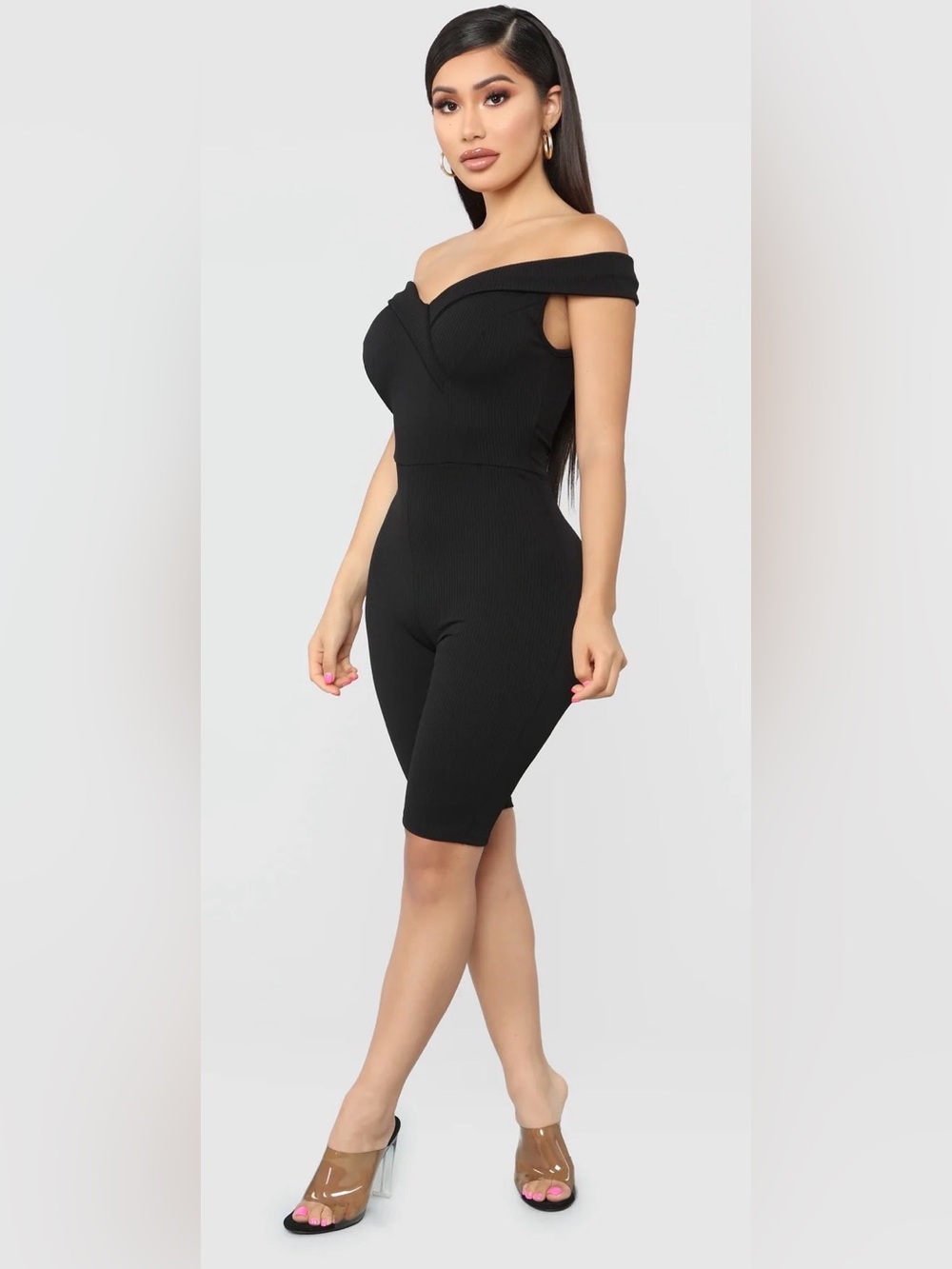 Fashion Nova Waiting For You Ribbed Biker Romper - Black - Picture 3 of 7